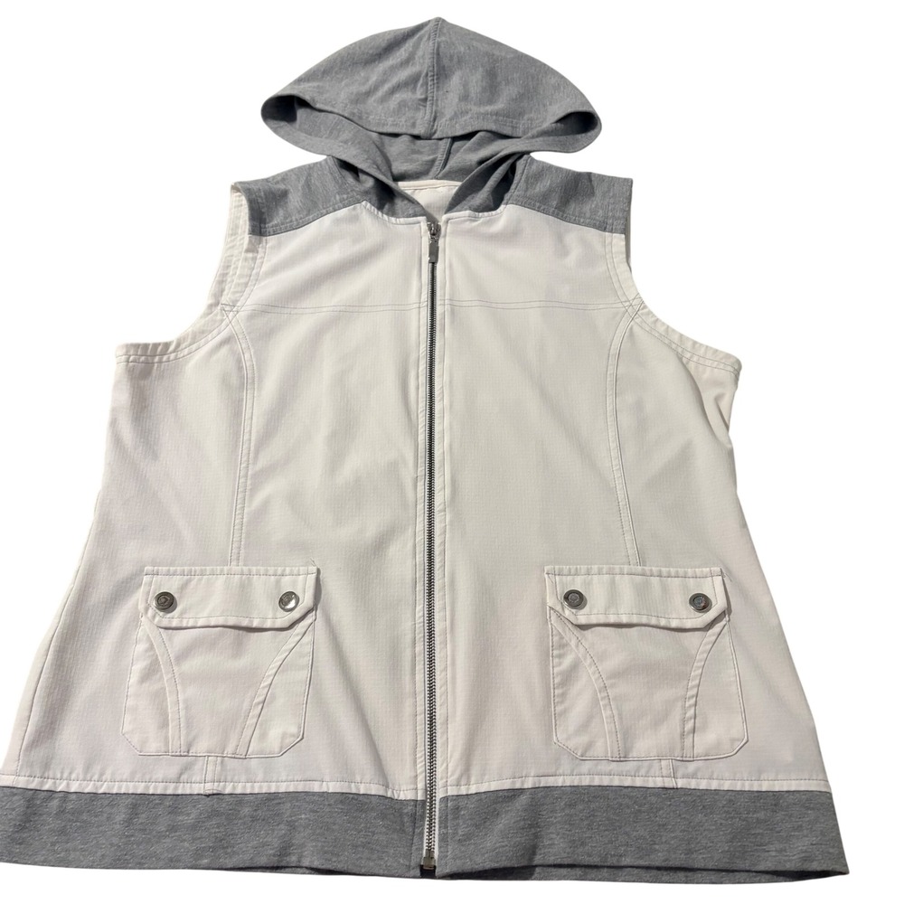 Zenergy by Chicos Womens Hooded Full Zip Vest White Gray L(size 2) Hiking Travel